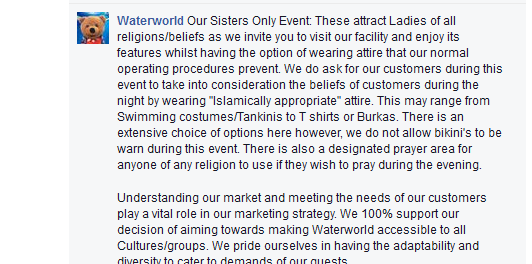 A screenshot from Waterworld's Facebook page discussing the event. 